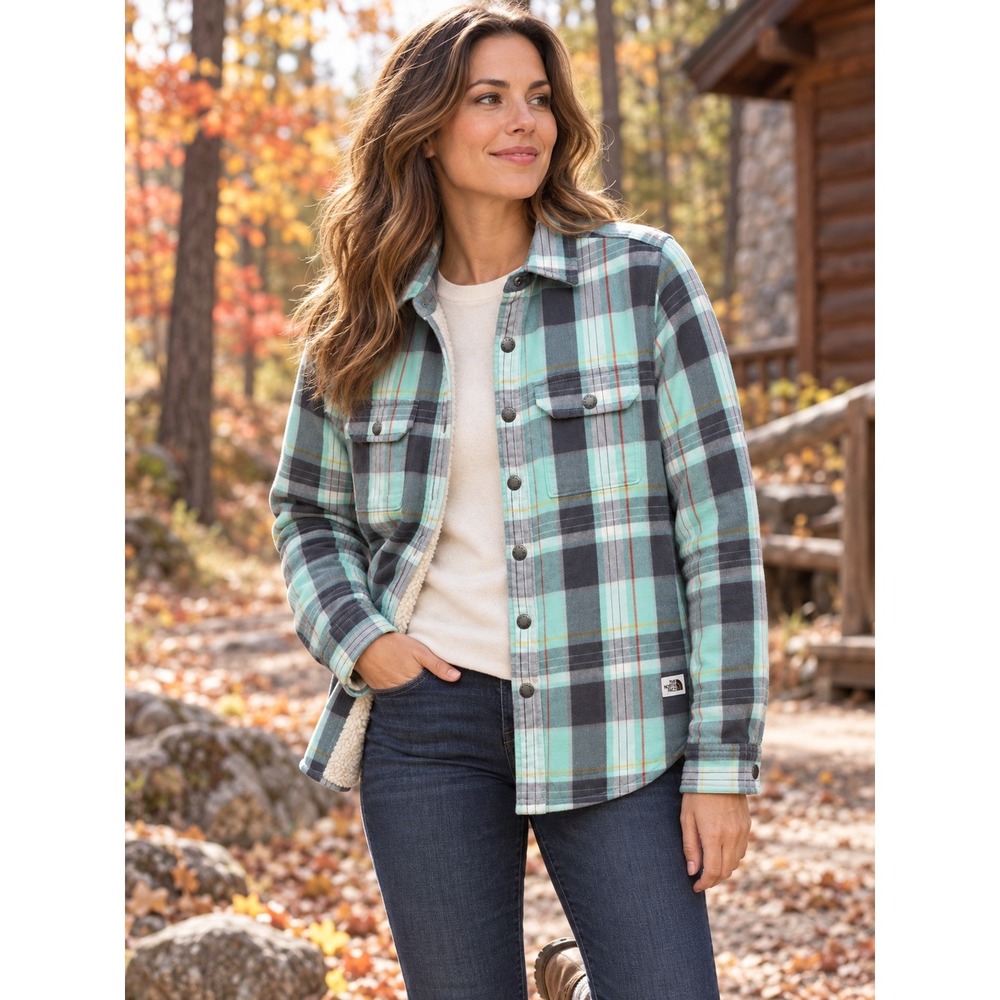 The North Face Campshire Sherpa Lined Snap Front Flannel Jacket Womens Small